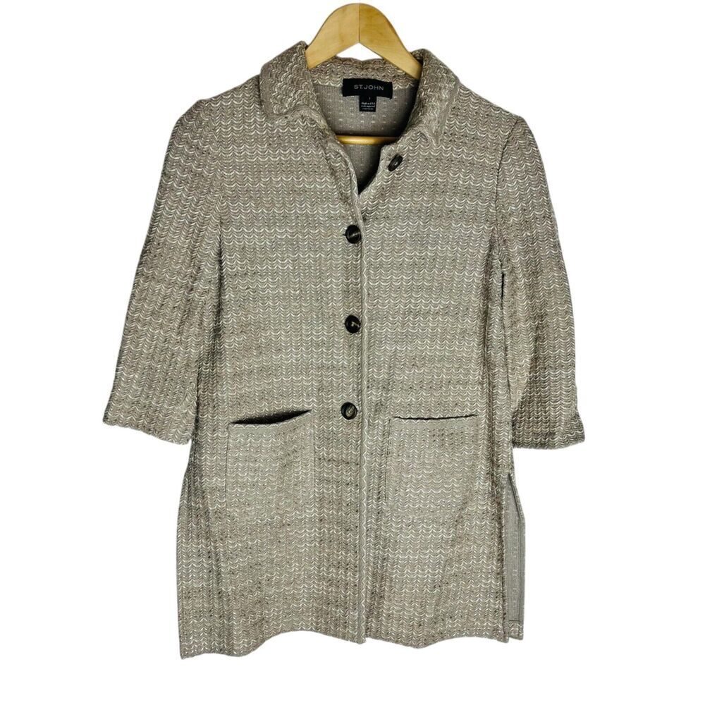 St. John Knit Long Cardigan Style Jacket Button Up 2 Longline Side Slits Wool